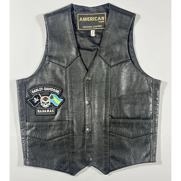 HARLEY-DAVIDSON American Top Genuine Leather Vest Size 36 Black Motorcycle Biker - Picture 2 of 14